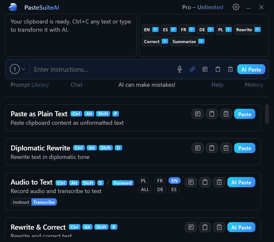 PromptBar with input mode toggle and execution buttons